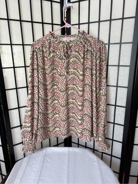 LOFT Cream Pink Green Floral Wave-Print Long Sleeve Blouse